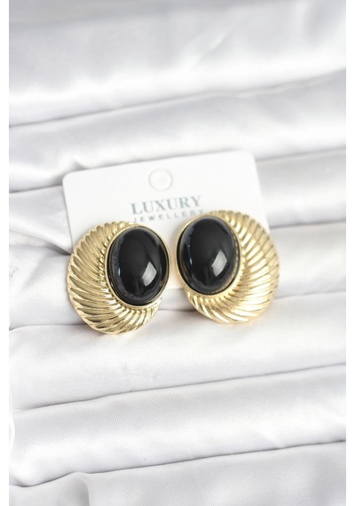 Mey İthalat Pirinç Gold Renk Siyah Boncuklu Oval Vintage Kadın Küpe
