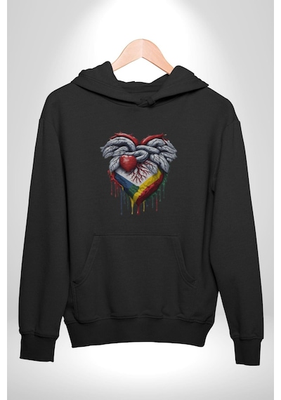 Kalp Damar Renkli Boyalı Kadın Erkek Siyah Kapüşonlu Sweatshirt Hoodie Siyah
