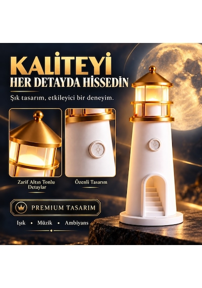 Hymark Deniz Feneri Ay Led Projeksiyon Lamba Bluetooth Hoparlör Kumanda Dimmer 2400 Mah Pil Beyaz