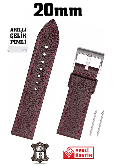 20mm Bordo Spor Hakiki Deri Saat Kordonu Kayış Akıllı Pimli