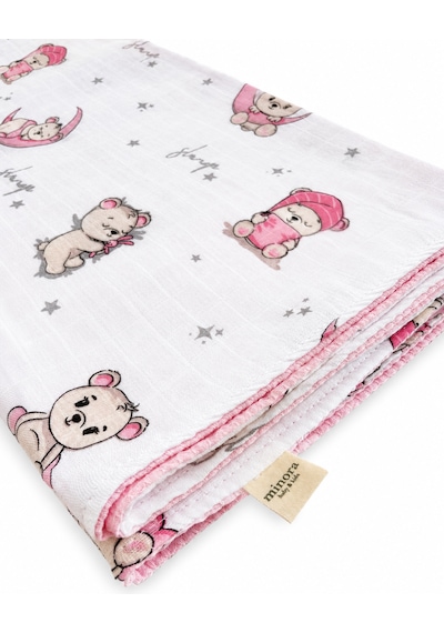 Minora Baby&kids Çift Taraflı Pike Müslin Bebek Örtüsü 100x100 CM - Pembe Ayı