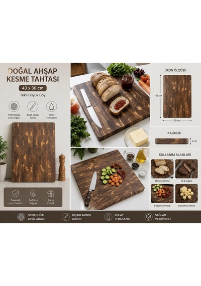 Doğal Ahşap Kesme Tahtası 43x30 Cm Kalın Kasap Bloğu Kesim Tahtası Bıçak Dostu Mutfak Doğrama Ve Servis Tahtas Diğer