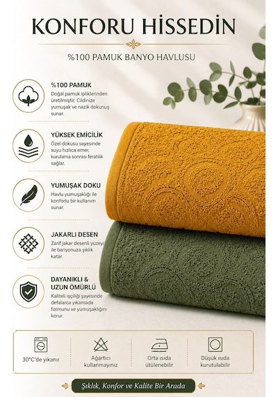2'li Jakarlı Büyük Boy Banyo Havlusu 90x150 Cm %100 Pamuk Lorea 650 Gr Yeşil-hardal