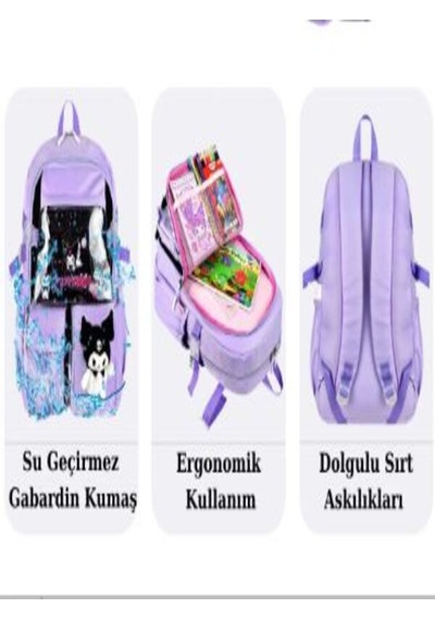 Trg Polo Lila Renk Kuromi Kawaii Kore Tarzı Aksesuarlı Çok Bölmeli Çocuk Okul Çantası