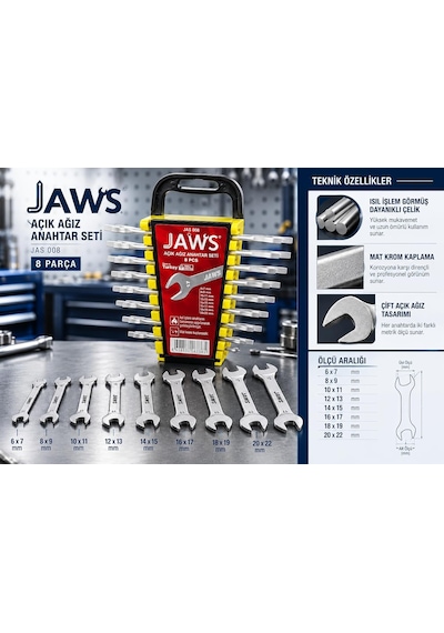 Jaws Açık Ağız Anahtar Takımı, 8 Parça Set, 6x7, 8x9, 10x11, 12x13, 14x15, 16x17, 18x19, 20x22 Mm, Isıl İşlem