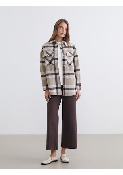 Lcw Comfort Kahverengi Ekose Oversize Kadın Gömlek