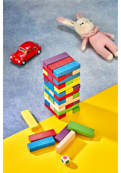 Tower Renkli Jenga Büyük Boy Doğal Ahşap Denge Oyunu Kule Oyunu Tower 54 Adet
