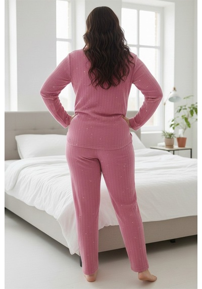 Siyah İnci Düğmeli Büyük Beden Polar Kışlık Örme Pijama Takım Gül kurusu