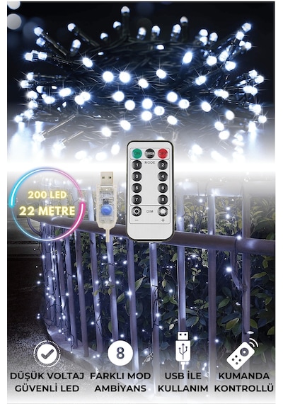 Technosmart 200 Ledli Usbli Kumandalı 8 Modlu Şerit Led Işık Parti Süsleme Organizasyon Beyaz