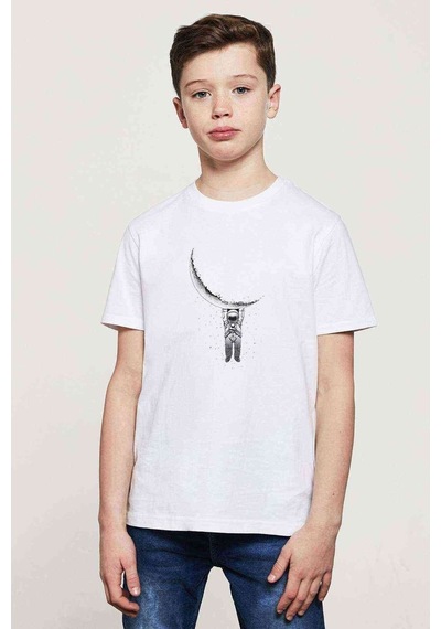 Tshirthane Astronot Aya Asılı Astronot Baskılı Unisex Çocuk Beyaz T-Shirt