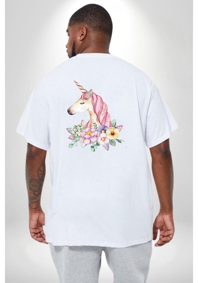 Angemiel Unicorn Çiçek Büyük Beden Beyaz Tişört Kadın Erkek Ünisex Sırt Baskılı Beyaz