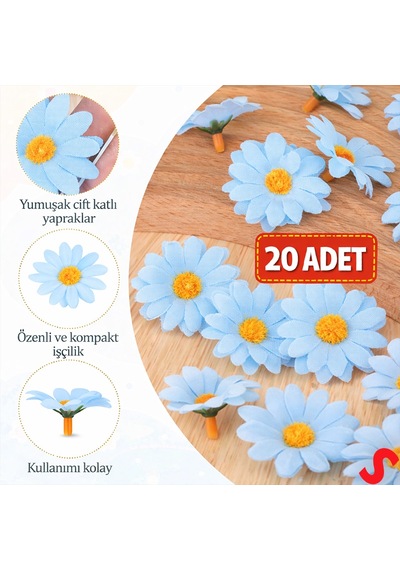 Yapay Papatya Çiçek Kafası 4 Cm X 20 Adet - Mavi Renkli