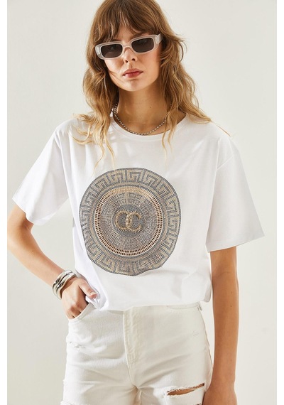Shade Kadın Bisiklet Yaka Taş Detaylı Basic Penye T-shirt 60251238 - Beyaz