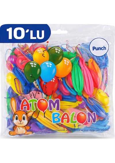 Renkli Atom Balon Punch Balon Lastik İpli Parti Balonu 10 Adet Çok Renkli