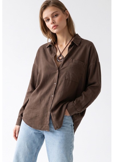 Mixray 4963 Kadın Tencel Kumaş Oversize Cepli Uzun Kollu Gömlek Kahve