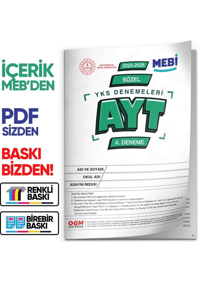 2026 Ösym Yks-ayt Sözel Meb Online Türkiye Geneli 4. Deneme Büyük Boy Renkli Baskı Ücreti