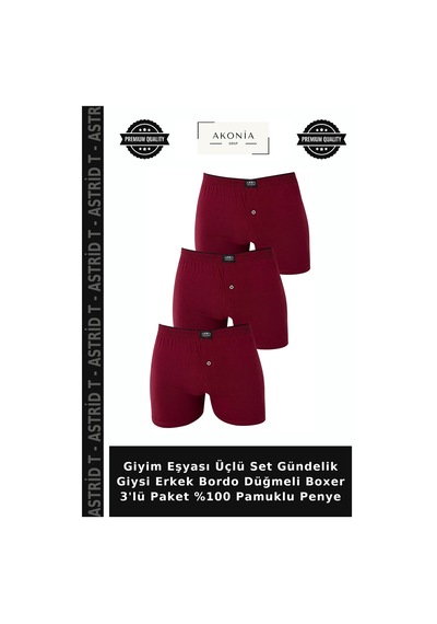 Astrid T Giyim Eşyası Üçlü Set Gündelik Giysi Erkek Bordo Düğmeli Boxer 3'lü Paket %100 Pamuklu Penye