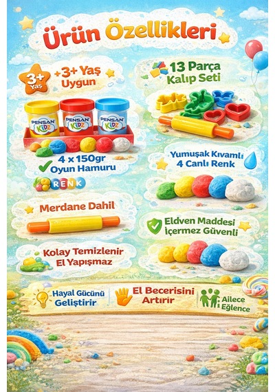 13 Parça Merdaneli Oyun Hamuru Kalıbı+4 Lü 600gr Oyun Hamuru 3+yaş Krem