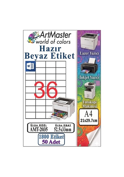 A4 Hazır Beyaz Etiket 52.5x33mm 50 Sayfa 1 Paket 36 Lı Kendinden Yapışkanlı Fotokopi Lazer İnkjet Kağıdı Yazıcılar İçin
