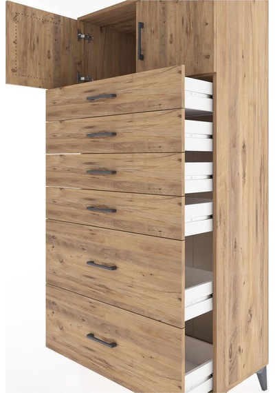 Hyperion Dolap Tek Raflı 6 Çekmeceli 2 Kapaklı 88x44x182 Çam-çam Çam