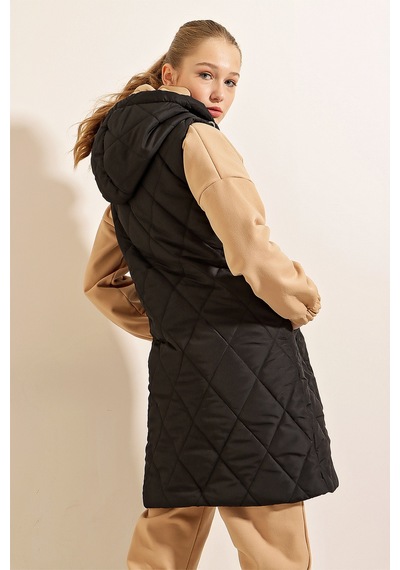 Bigdart 5140 Kapşonlu Uzun Şişme Yelek - Düz Siyah