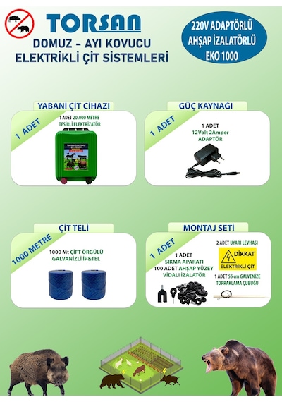 Torsan 220v Adaptörlü Eko 1000 Elektrikli Çit Sistemi Domuz - Ayı Kovucu 1000mt