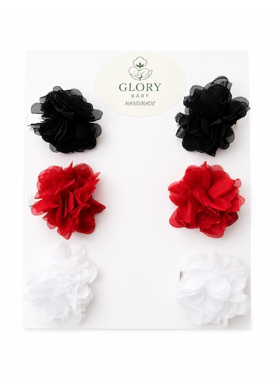 Glory Baby Kız Bebek Lazer Çiçek Klips Toka Seti 6 Adet Siyah - Kırmızı