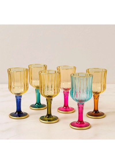 6 Lı Cam Yaldızlı Renkli Kahve Yanı Su Bardağı Kadeh Kupa Bardak