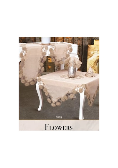 Çeyizlik Flowers Model Kapiçino 5 Parça Keten Dantelli Masa Örtüsü Runner Seti Bzckh1355 Çok Renkli