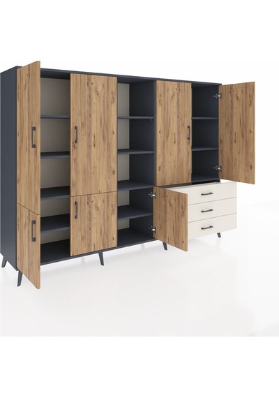 Hyperion Dolap 11 Raflı 3 Çekmeceli 7 Kapaklı 220x44x163 Antrasit-çam/aytaşı Atlas Çam/aytası - Antrasıt