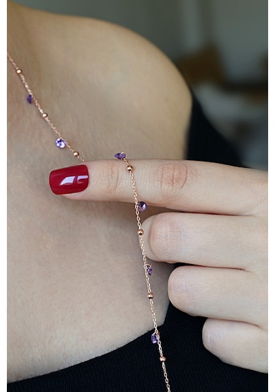925 Ayar Gümüş Zirkon Taşlı Toplu Uzun Kolye - N118001 Rose Gold