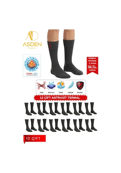 Asden 6 Çift Termal Erkek Çorap Ekstra Kalın Havlu Premium Pamuklu Burun Dikişsiz Kısa Konç Siyah Antarsit