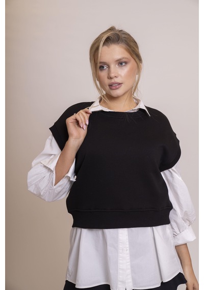 Afloow Delicate Kadın Siyah %100 Pamuk Oversize Kolsuz Süveter Şık Ve Rahat Basic Yarım Kollu Yelek Siyah