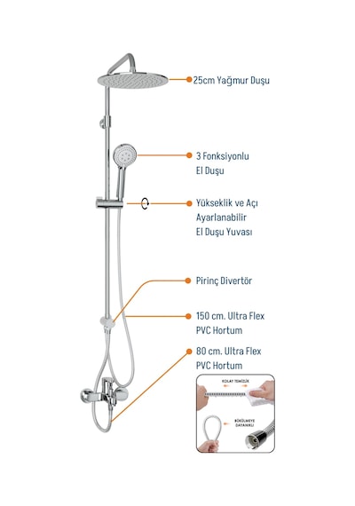 Adell Lido Rain Duş Sistemi + Lento Banyo Bataryası 2 Parça Set Parlak Krom Krom