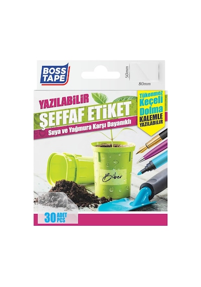 Boss Tape Seffaf Su Geçirmez Etiketler, 30'lu Paket, Seffaf 1