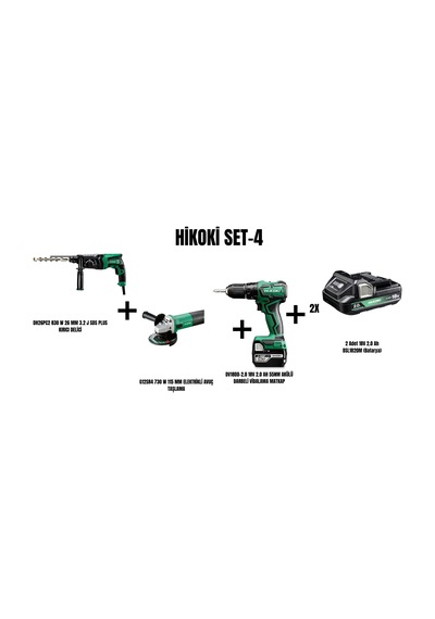Hikoki Set-4 830W 26 MM 3.2J Sds Plus Kırıcı Delici + 730W 115 MM Elektrikli Avuç Taşlama + 55NM Akülü Darbeli Vidalama Matkap