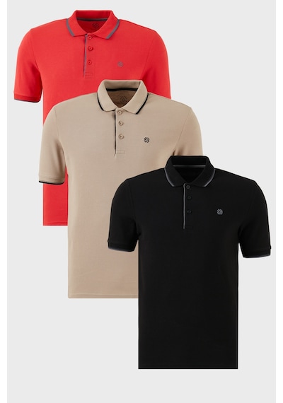 Buratti Pamuklu Slim Fit Şerit Detaylı Düğmeli Polo Yaka 3'Lü Paket Erkek T Shirt 5902118S3 Siyah-Kırmızı-Vizon