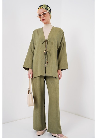 Bigdart Kadın Keten Kimono İkili Takım 6727 - Çağla