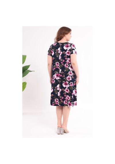 Madwilo Kadın Lacivert Pembe Floral Desen Cepli Salaş 42-54 Uyumlu Standart Beden Esnek Elbise