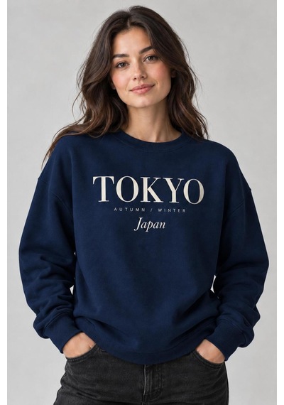 Gıovera Tokyo Şehir Yazılı Bisiklet Yaka Kadın Sweatshirt Lacivert