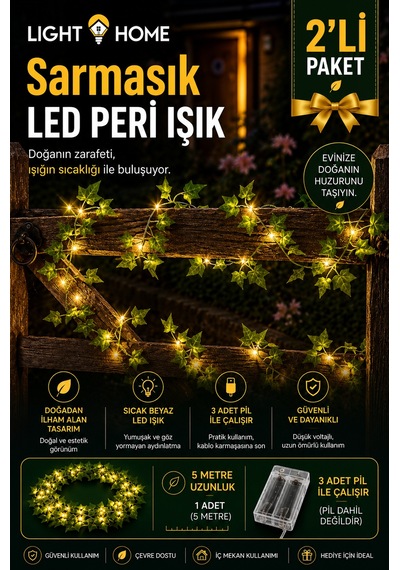 2 Adet Yapay Sarmaşık Led Işık Dekoratif Işıklı Sarmaşık Led Oda Duvar Yatak Odası Parti Yılbaşı Dekoru Her Biri 5 Metre 50 Led Sarı