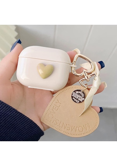 Airpods Pro İçin Kılıf Süslü Kalp Desenli Bej Airpods Pro İle Uyumlu Kılıf - Bej