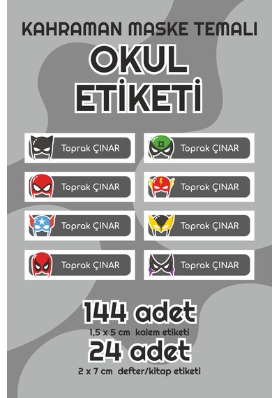 Süper Kahraman Maskeli Isimli Okul Etiketi Sticker Seti