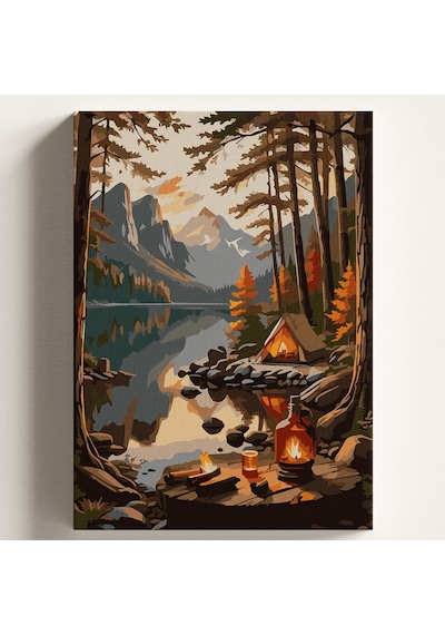 Sayılarla Boyama Tuval Hobi Seti Çadır Kamp Temalı Fırça Ve Boya Dahil Set Çıtalı 40x50 Cm Ke