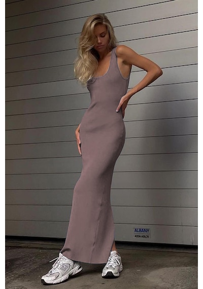 Madmext Vizon Kare Yaka Uzun Yırtmaçlı Elbise Mg1828-vizon