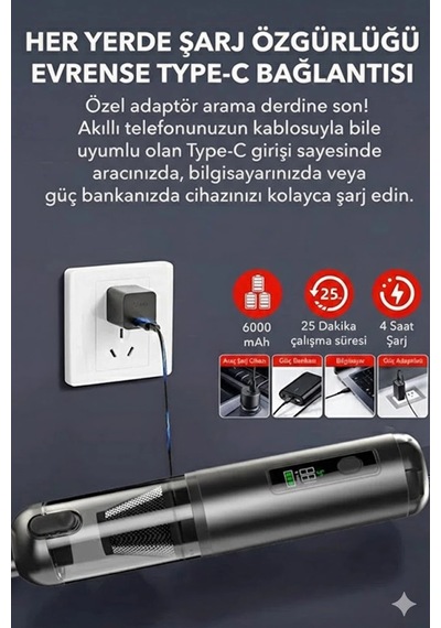 Araç Süpürgesi Şarjlı 120w 20.000pa Göstergeli Yeni Nesil Metal Filtre Extra Vakum Ve Üfleme