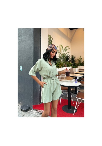 Nido Moda Kadın Cepli Oversize Gömlek Ve Beli Bağcıklı Şort İkili Takım Yeşil