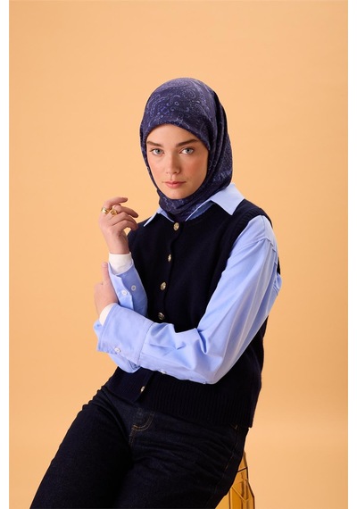 Silk Home Viskon Karışımlı Velora Eşarp Lacivert-morcivert Lila Bebe Mavi Desenli Tok Duruşlu 90x90 Çok Renkli
