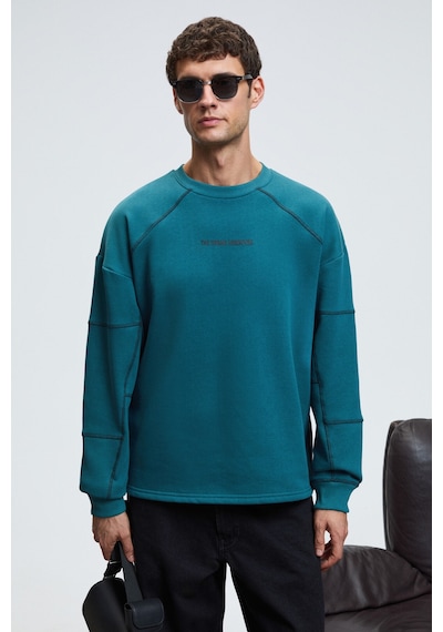 Grımelange HAL Erkek Yuvarlak Yaka Önünde Ve Kollarında Süs Dikiş Detaylı Baskılı Regular Fit Yeşil Sweatshirt
