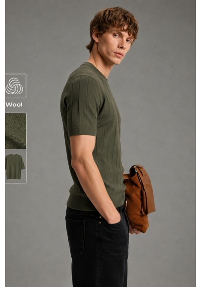 Cool Tarz Erkek Çizgili Triko Tişört Bisiklet Yaka Slim Fit Kısa Kollu Haki Haki